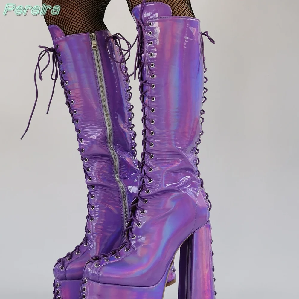 Pereira Y2k Purple Metallic Boots Pointed Toe Knee-High Boots Platform Side Zipper Lace Up Chunky Heel 2024 Halloween Boots