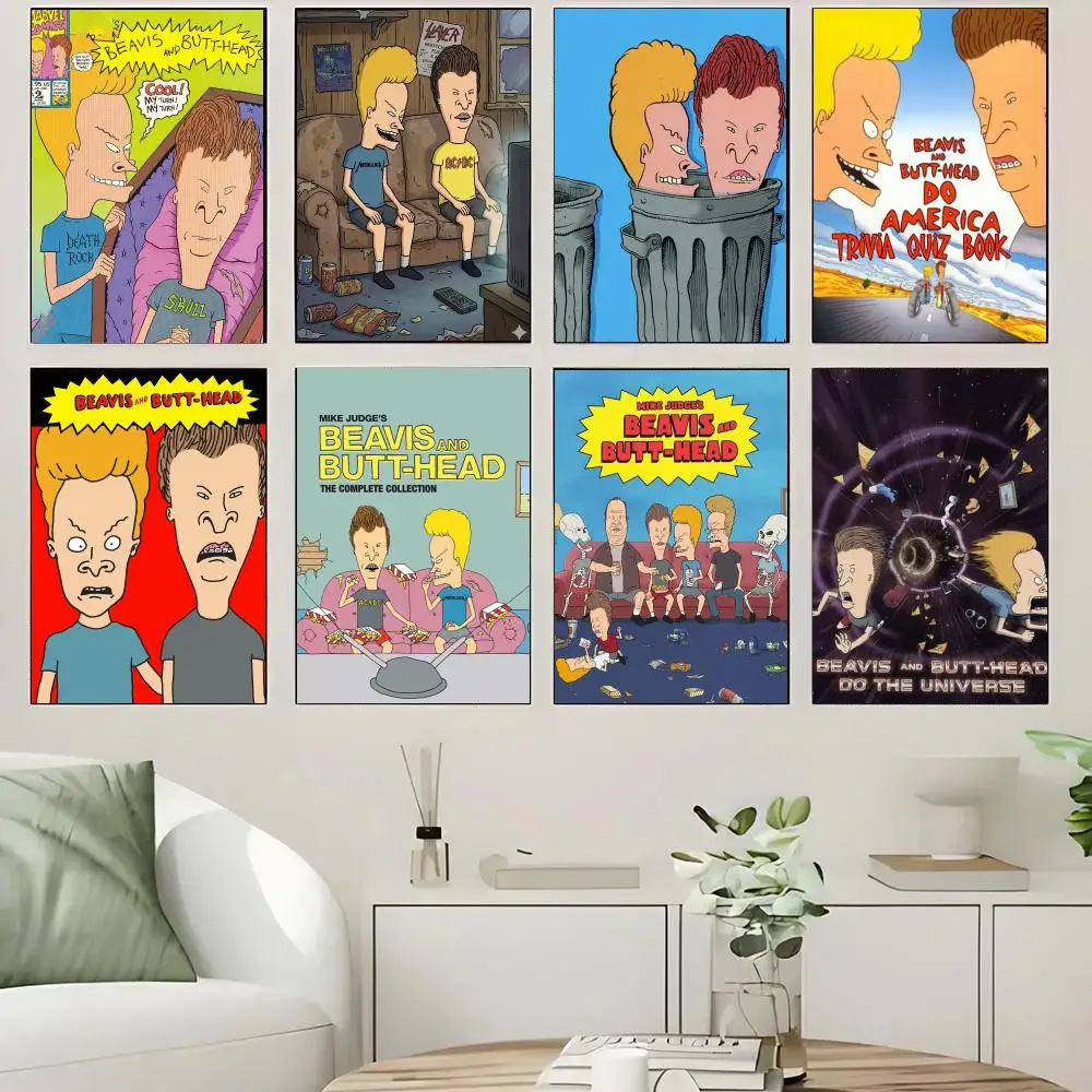 Beavis And Butthead Animation Art Poster Self-adhesive Advanced Aesthetic Printing Paper Wall Art for Living Room Home Decor