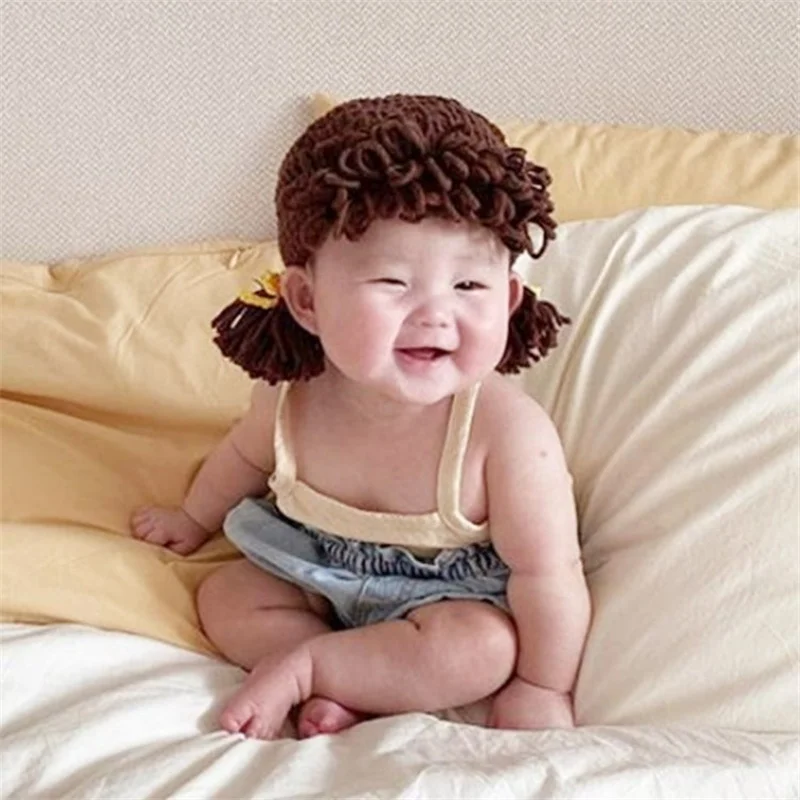 Cute Newborn Baby Girl Beanie Hat Cosplay Hair Braid Wig Cap Winter Warm Knit Children Kids Girls Hats and Caps Photography Prop