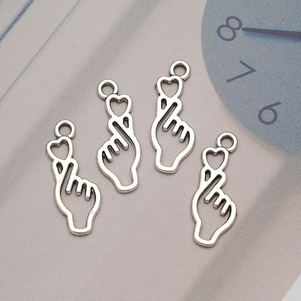 40pcs/lot--8x22mm Mini Hollow Heart Hand Gesture Korean Charms Pendants For Diy Jewelry Making Supplies Wholesale Bulk Items