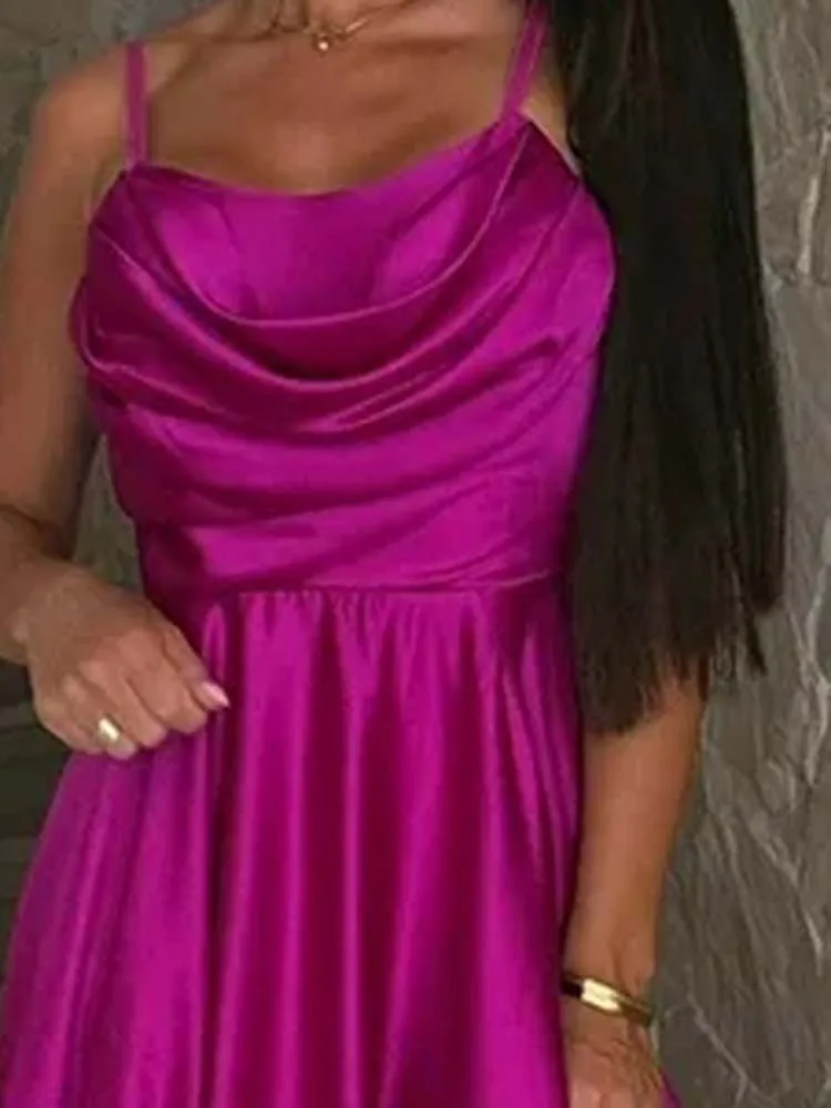 فستان سهرة نحيف عالي الخصر أنيق بدون أكتاف من الساتان المنفصل للحفلات مثير بدون أكمام ثنيات فستان بحمالات صلبة