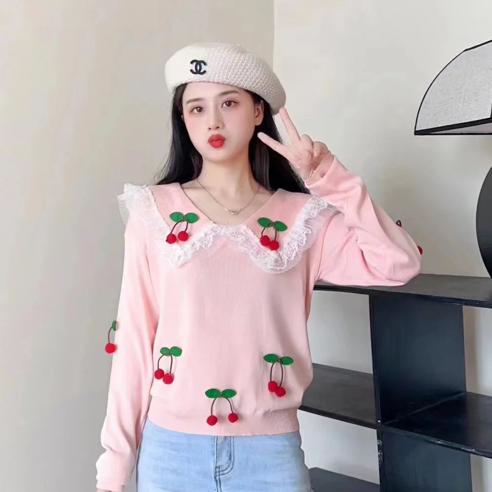 Cherry Doll Neck Knitted Sweater Slim Fit and Versatile Spring New Style Western-style Pullover Long Sleeved Top