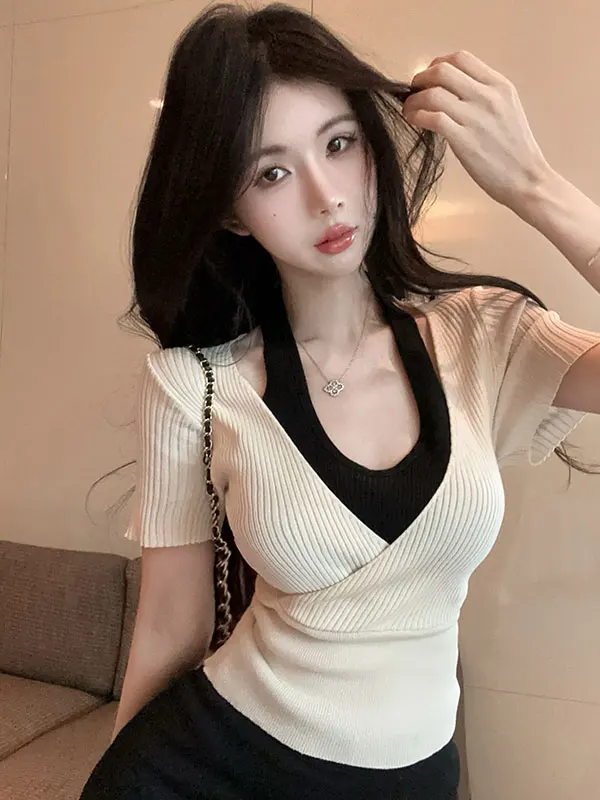 

Korean Style Color Block Neck Hanging Knitted Top Women's Spring Summer Unique Design Versatile Short Fashionable Inner Wear