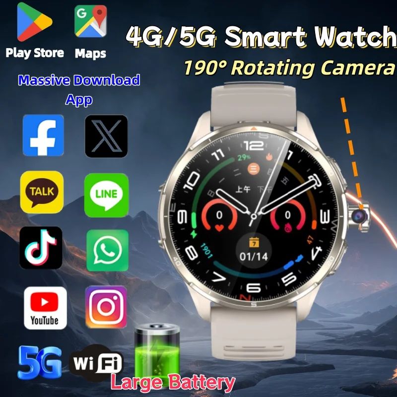 NEW H81 Android Smart Watch 5G Network 1.8inches  AMOLED Large Screen 190°Rotating Camera Google Play WiFi GPS Smartwatch Men