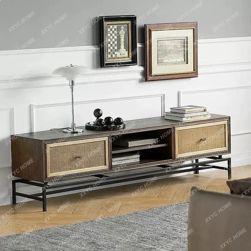 XX Solid Wood TV Stand with Iron Art Retro Walnut Storage Cabinet Woven Rattan Sideboard for Living Room