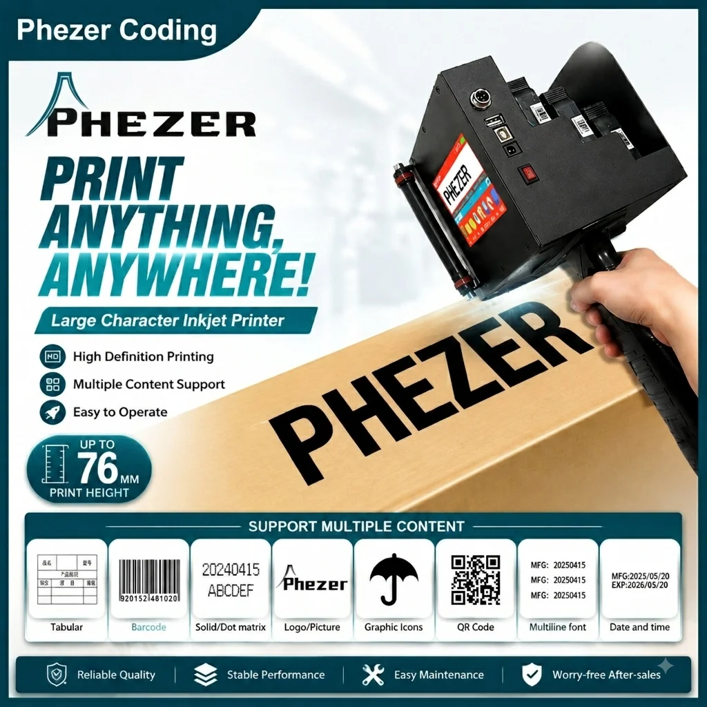 Phezer P60 76mm Large Handheld Inkjet Printer 28 Language Portable Batch Coding Marking Machine Expiry Date Barcode QR Code Logo