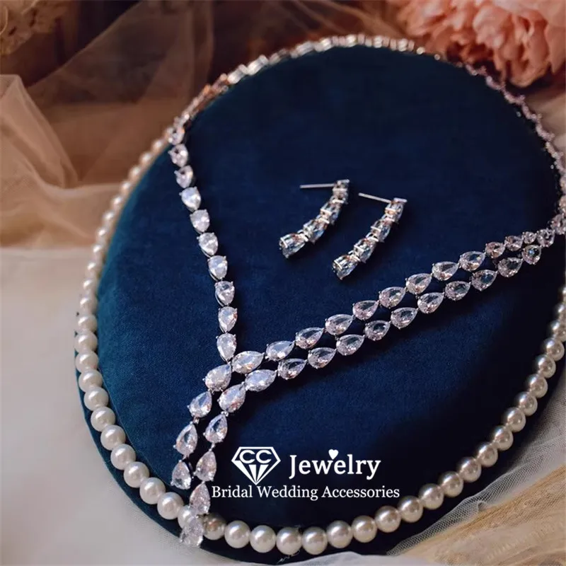 

CC Luxury Jewelry Set for Women Wedding Accessories Bridal Fine Jewellery Engagement Crystal Stud Earrings Necklace Sets T0240