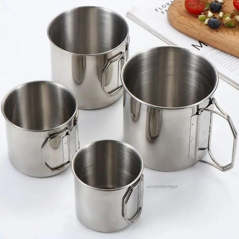 2026 Stainless Steel Portable Camping Cup with Foldable Handle 350/500/700ml Mountaineering Outdoor Water Mug Drinkware