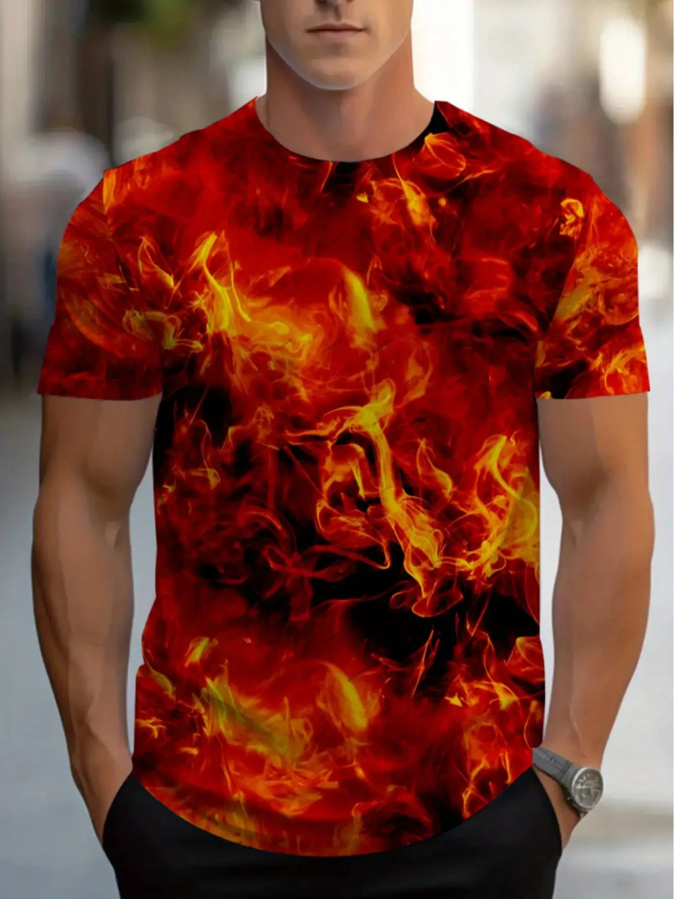 Men Short Sleeve T‑Shirt Full‑Print Burning Fire Flame Red Orange Hot‑Style Crew Neck Tops