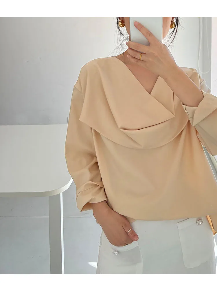 

Loose Long Sve V-Ne Pure Color irt Design Sle Commute Faion Women's Premium Quali Polyester Blend irt