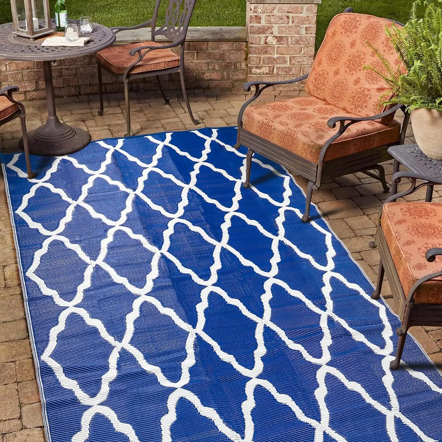 

Waterproof Outdoor Rug for Patio 6 x 9 ft, Reversible Plastic Straw Mat for Camping, Picnics, Balcony, Patio, Diamond - Navy
