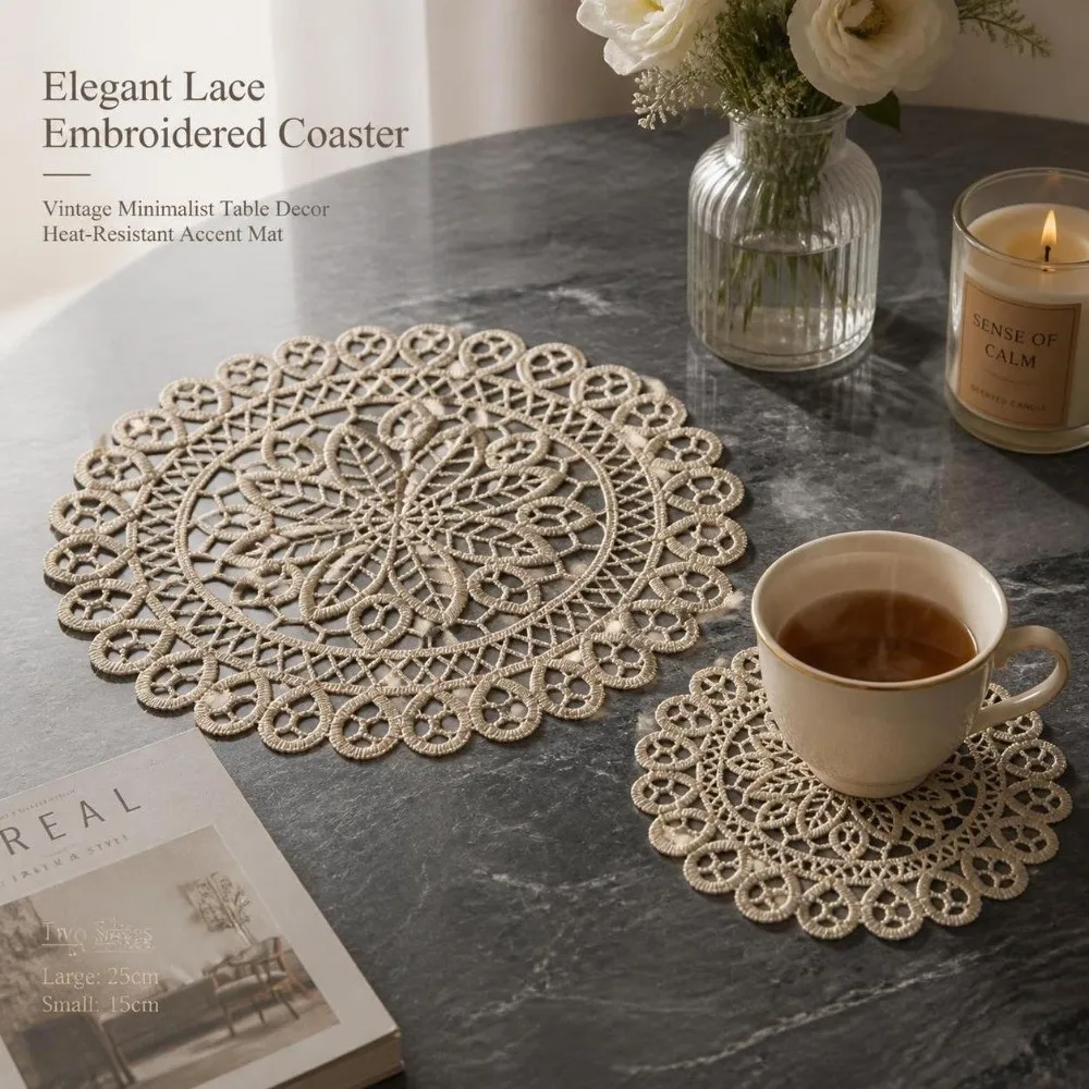 2pcs Retro Embroidered Lace Table Cloth Hollow Out Round Lace Placemat Tea Pad Mat Beige Crochet Lace Doily Christmas Party