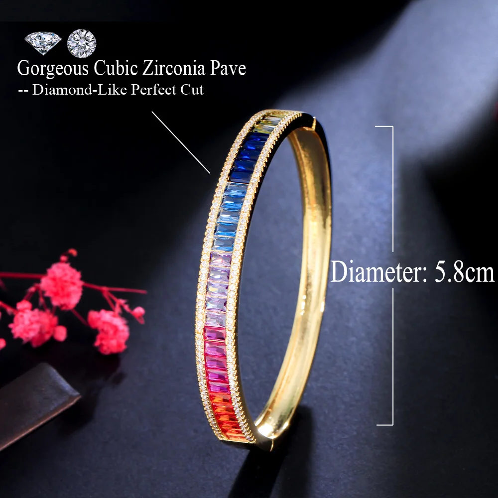 CWWZircons Einzigartiger Baguette-Regenbogen-Zirkon Runder Offener Armreif für Damen Trendiger Brasilianischer Vergoldeter Schmuck Großhandel SZ0052 – Detail 4