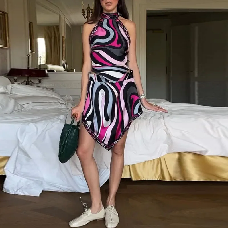 Elegante cetim praia conjunto casual impressão férias roupas femininas vintage rendas até sem costas halter topo + meia saia irregular 2 peças terno