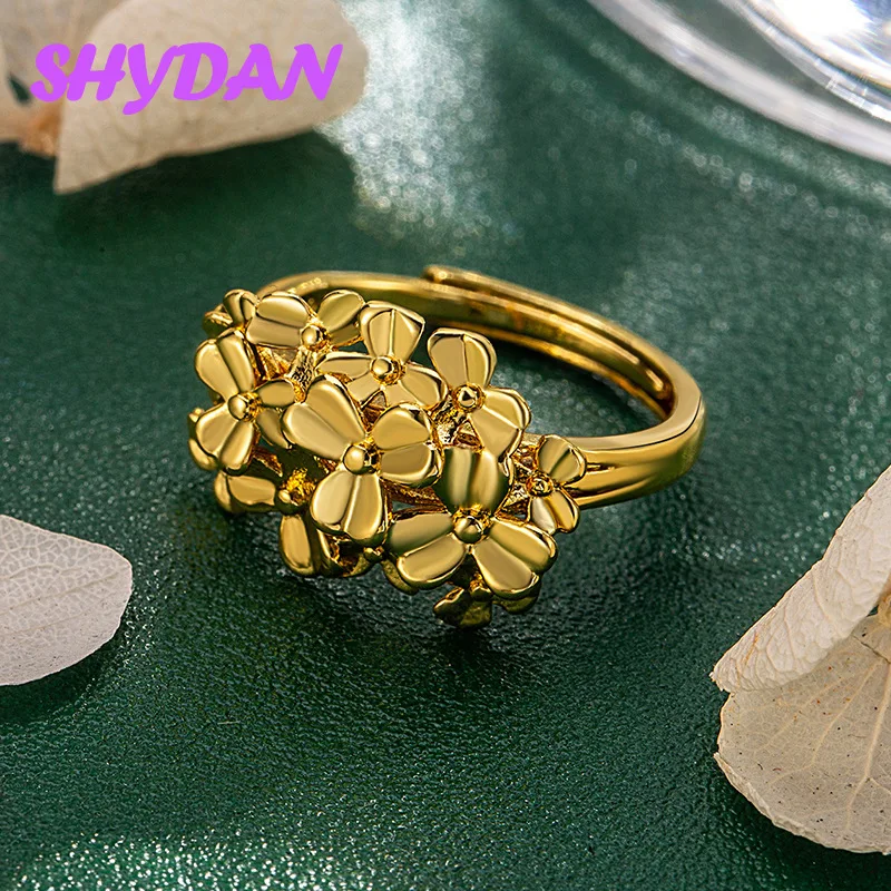 SHYDAN 925 Sterling Silver 18K Gold Hydrangea Floral Adjustable Ring For Women Fashion Jewelry