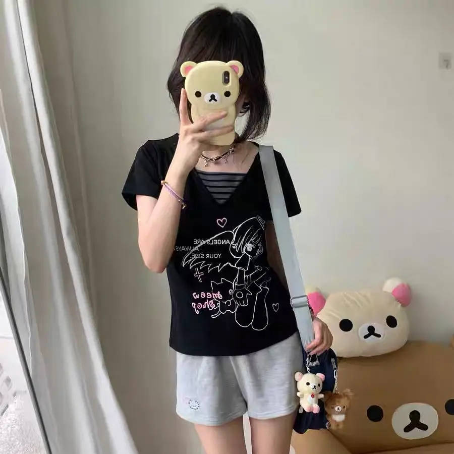 V Collar Black Short Sleeved Otaku Cute Shoulder T-shirt Women Summer Top Slim Fit Japanese Ins Y2k Trendy Korean