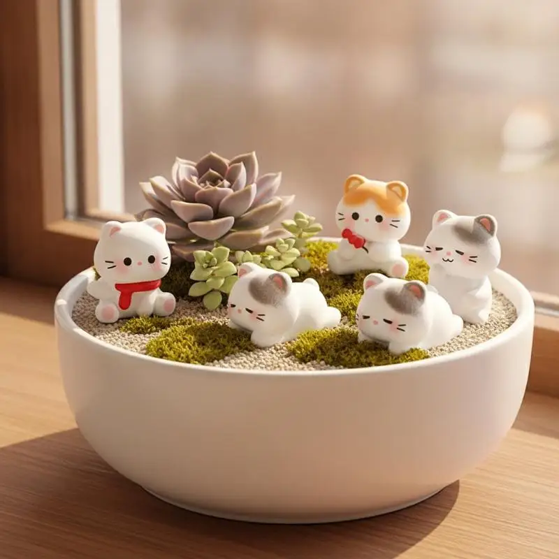6Pcs Cute Resin Cat Mini Figurines Small Ornaments For Dollhouse Micro Landscape Car Desk Garden DIY Supplies