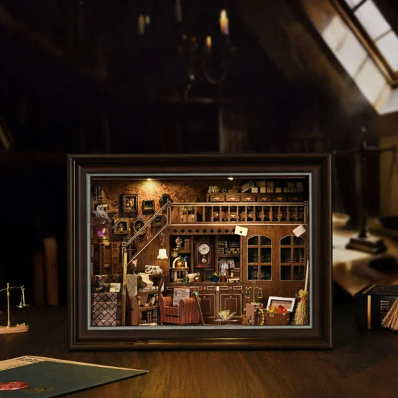 Book Nook Kit Secret Attic DIY 3D Wooden Puzzle Bookshelf Insert Dollhouse Model Bookend Building Home Decoration Photo Frame
