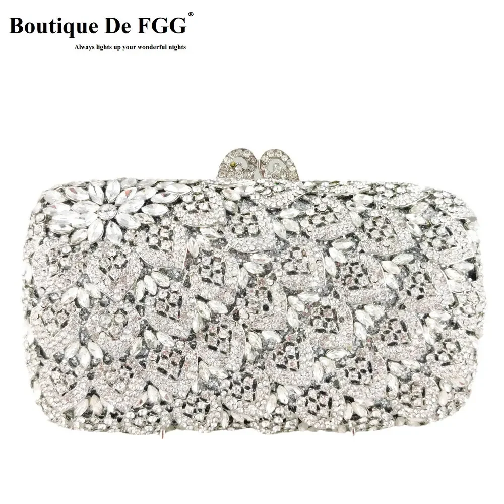 Boutique De FGG Silver Flower Clutch Women Crystal Evening Handbags Bridal Wedding Rhinestone Minaudiere Bag Formal Party Bags
