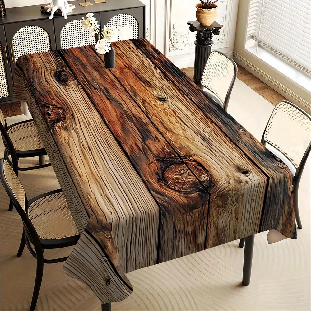 VIKAMA Wood Grain Vintage Plank Brown Rectangular Tablecloth Washable Dining Table Cover for Kitchen Party Home Decoration