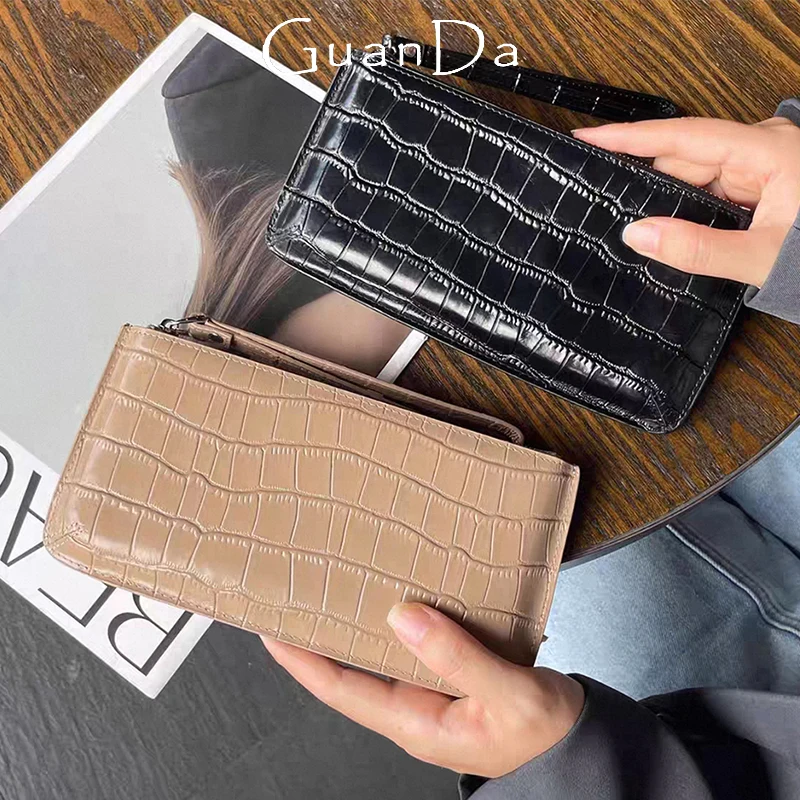 Woman Cowhide Long Wallet Crocodile Pattern Leather Fashion Lady Phone Coin Purse Business Card Holder Wrist Bag With Strap Gift