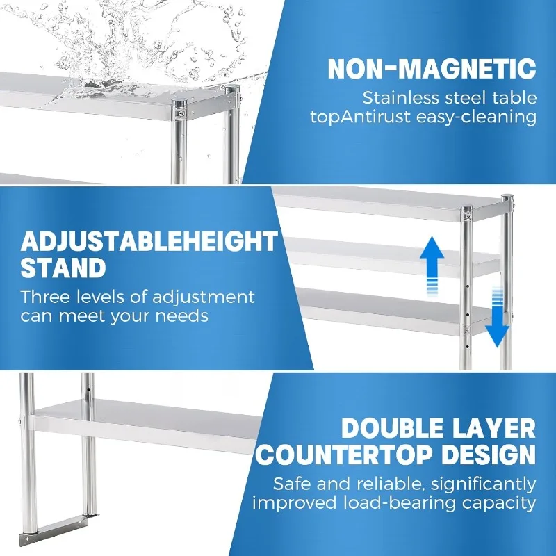 Stainless Steel Shelf 2 Tier Stainless Overshelf for Kitchen Prep Work Table 12 x 48 Inches Adjustable Commercial Steel Table