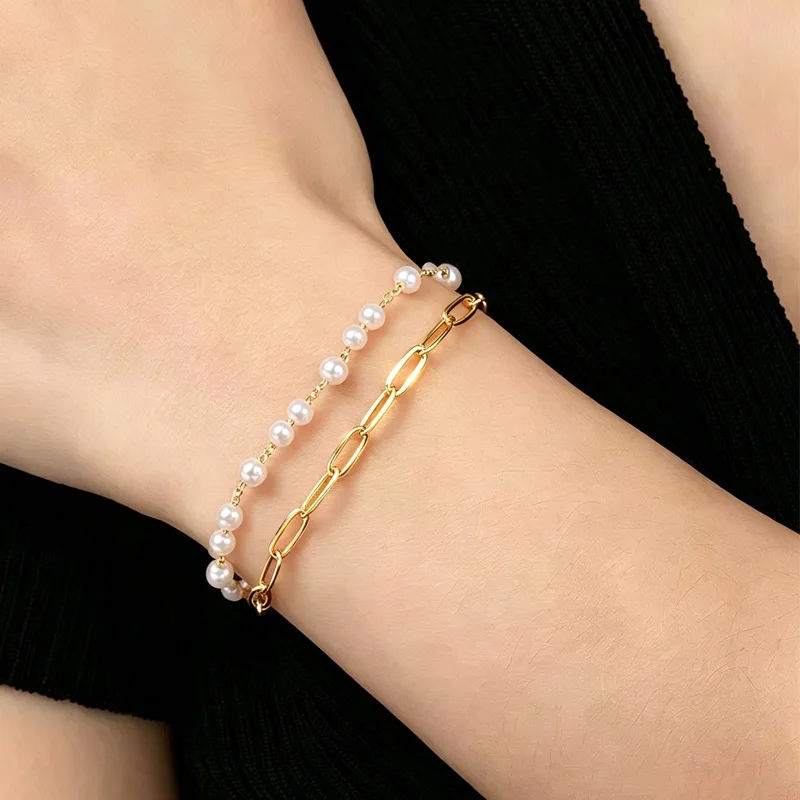 Letdiffery Fashion Double Layer Imitation Pearl Chain Bracelet for Women Stainless Steel Paperclip Link Chain Elegant Jewelry