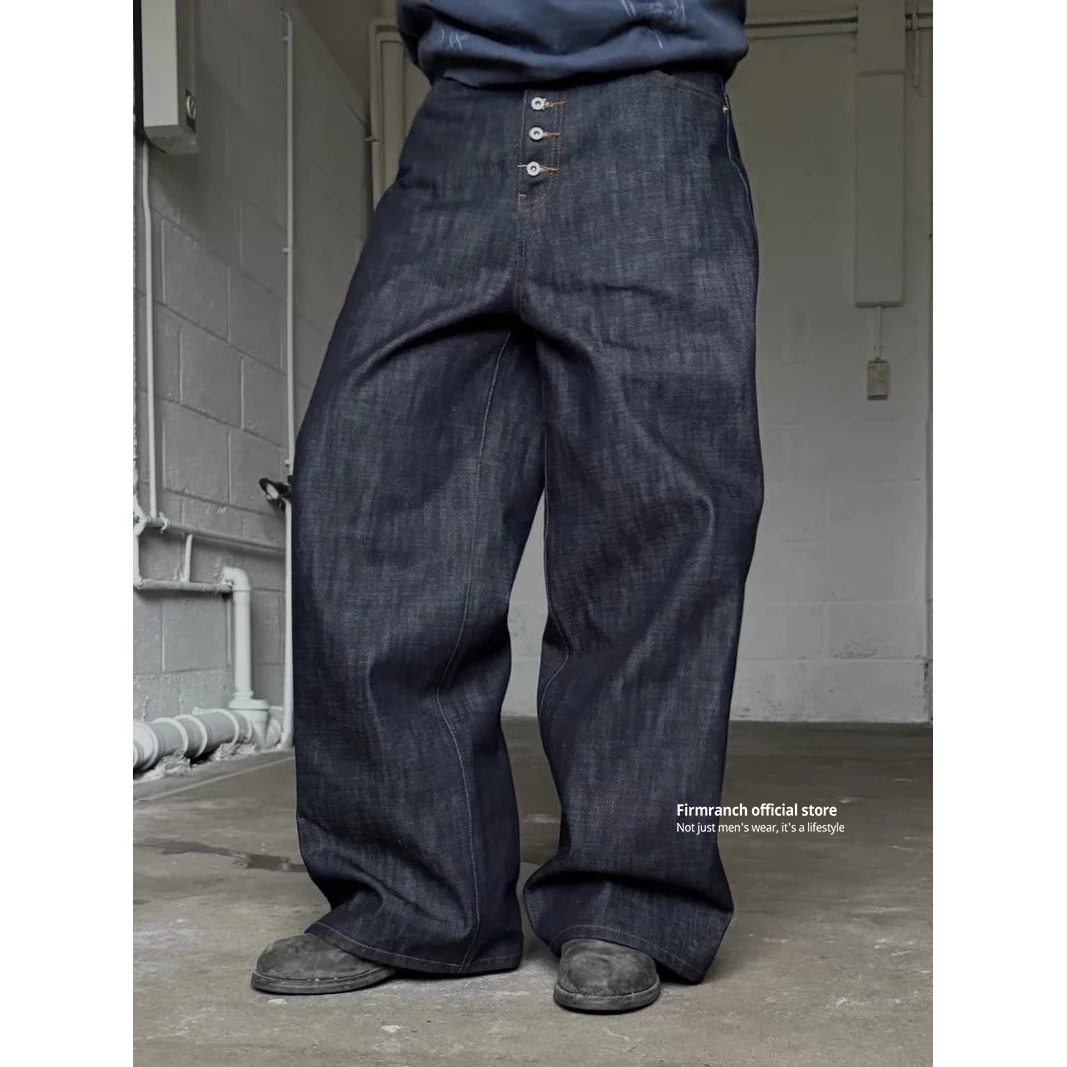 Firmranch New American Retro Crescent-shaped Knife Original Denim Jeans For Men Women Button Up Baggy Pant High Street Wear