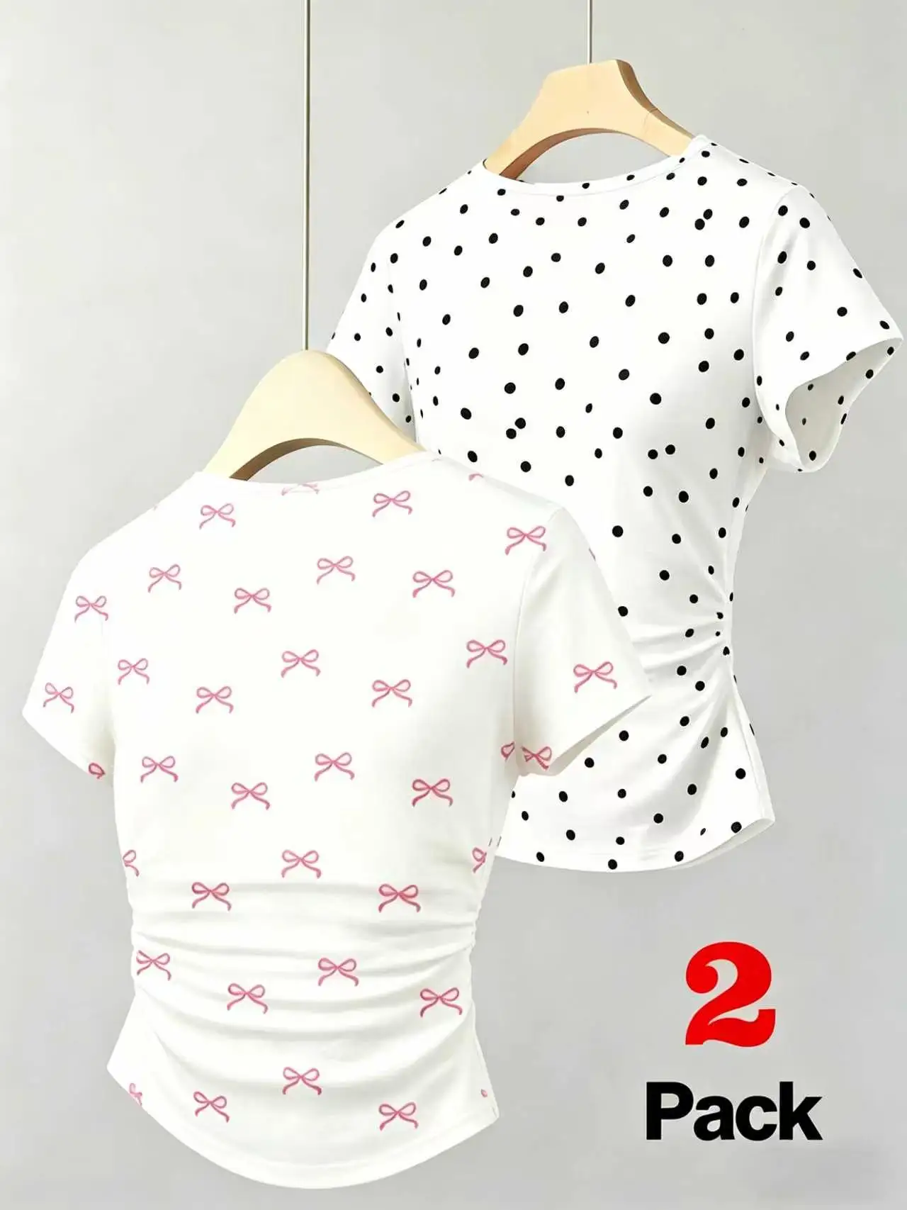 Girl's 2 Pack Crew Neck T Shirt Bow Print Polka Dot Short Sleeve Tee 7‑14Y Spring Summer Kids School Daily Travel Casual Top