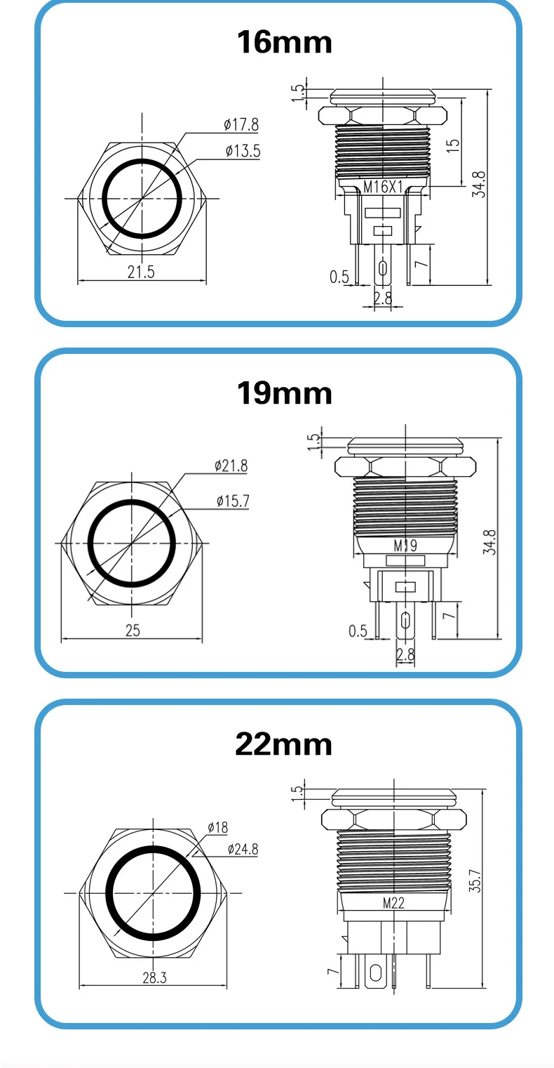 5 Stück/Set Drucktastenschalter 16mm 19mm 22mm Ein/Aus-Schalter Elektrisch Wasserdicht Weiche LED-Beleuchtung Mit 15CM Kabelanschluss – Detail 1