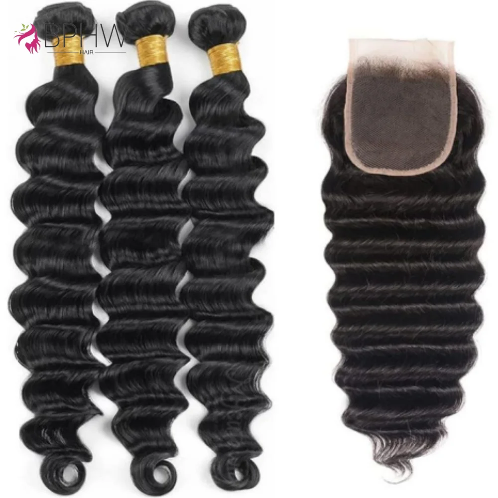 موجة عميقة 3 حزم مع إغلاق 4x4 الشعر البشري 3 حزم مع الدانتيل إغلاق ضفيرة شعر برازيلي حزم شعر ريمي تمديد