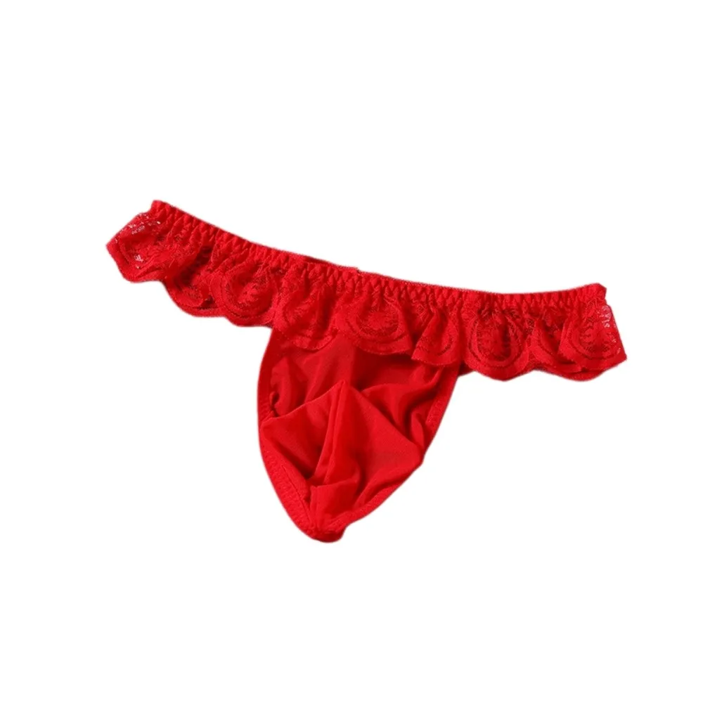 Underwear Low Waist Men's Lace Thongs Ruffle Belt Underpants Men's Mesh Lace Panties Thin Lingerie Male Briefs Men