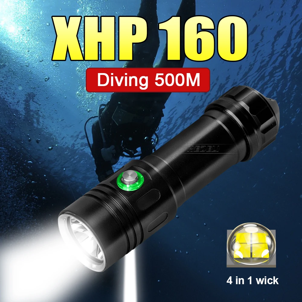 XHP160 Diving Flashlight Super Bright Scuba Dive Flashlights IPX8 Waterproof Diving 500M Underwater Diving Fishing Flash Light