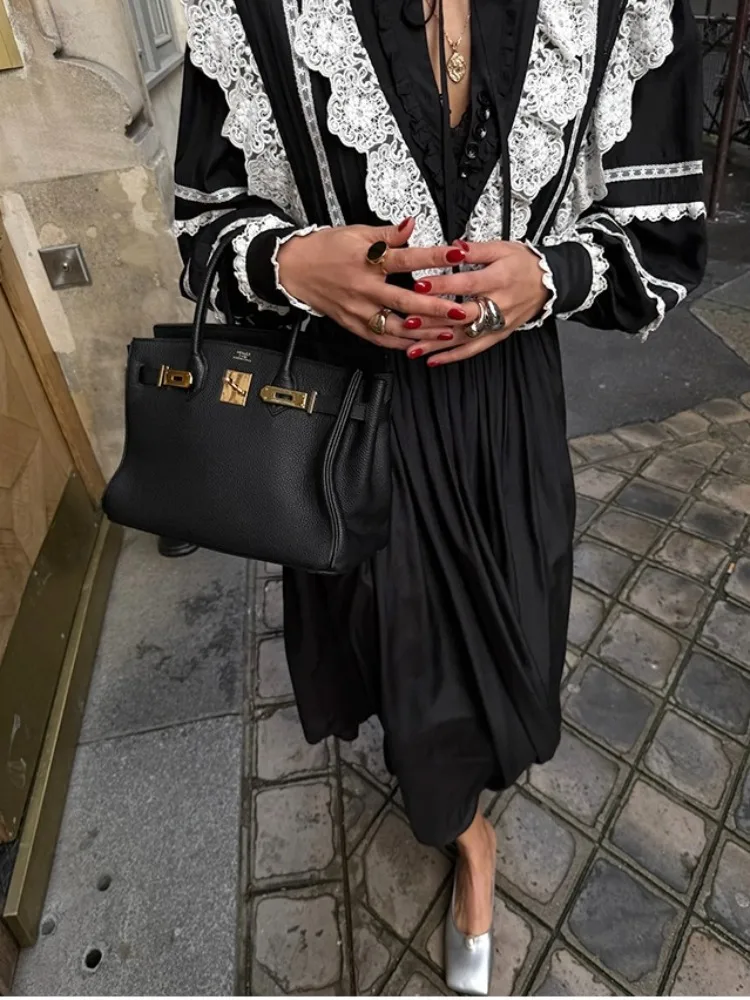 

Retro Anti-Aging Heavy Embelliment Long Sve Dr Women's Early Autumn New Color Colion Pleated Long Skirt Street Sle