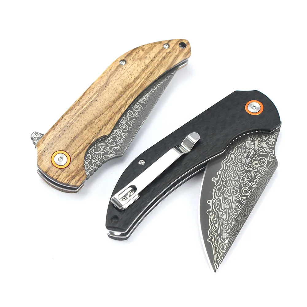 Kesiwo Damascus Pocket Folding Knife Tactical Outdoor Camping Fish tool Survival Carbon fiber G10 Wood Handle Portable EDC Knife