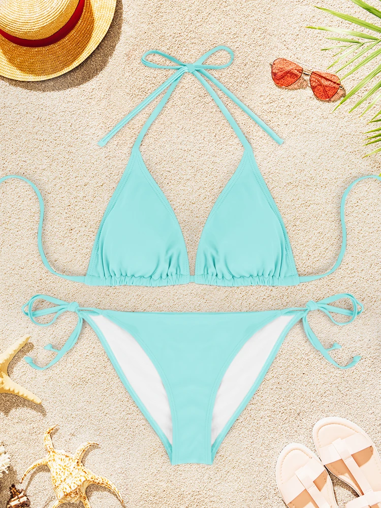 2 قطعة ملابس السباحة مثير عارية الذراعين بيكيني دعوى المرأة لون نقي الخامس الرقبة الحمالات ثوب السباحة 2025 العصرية الجديدة الصيف بحر #4