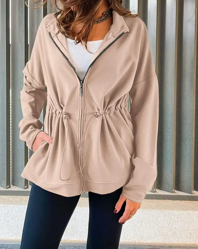 Women's Jacket 2025 Spring Autumn New Solid Color Long Sleeve Waist Drawstring Hooded Coat Casual Loose Fit Cardigan Jacket