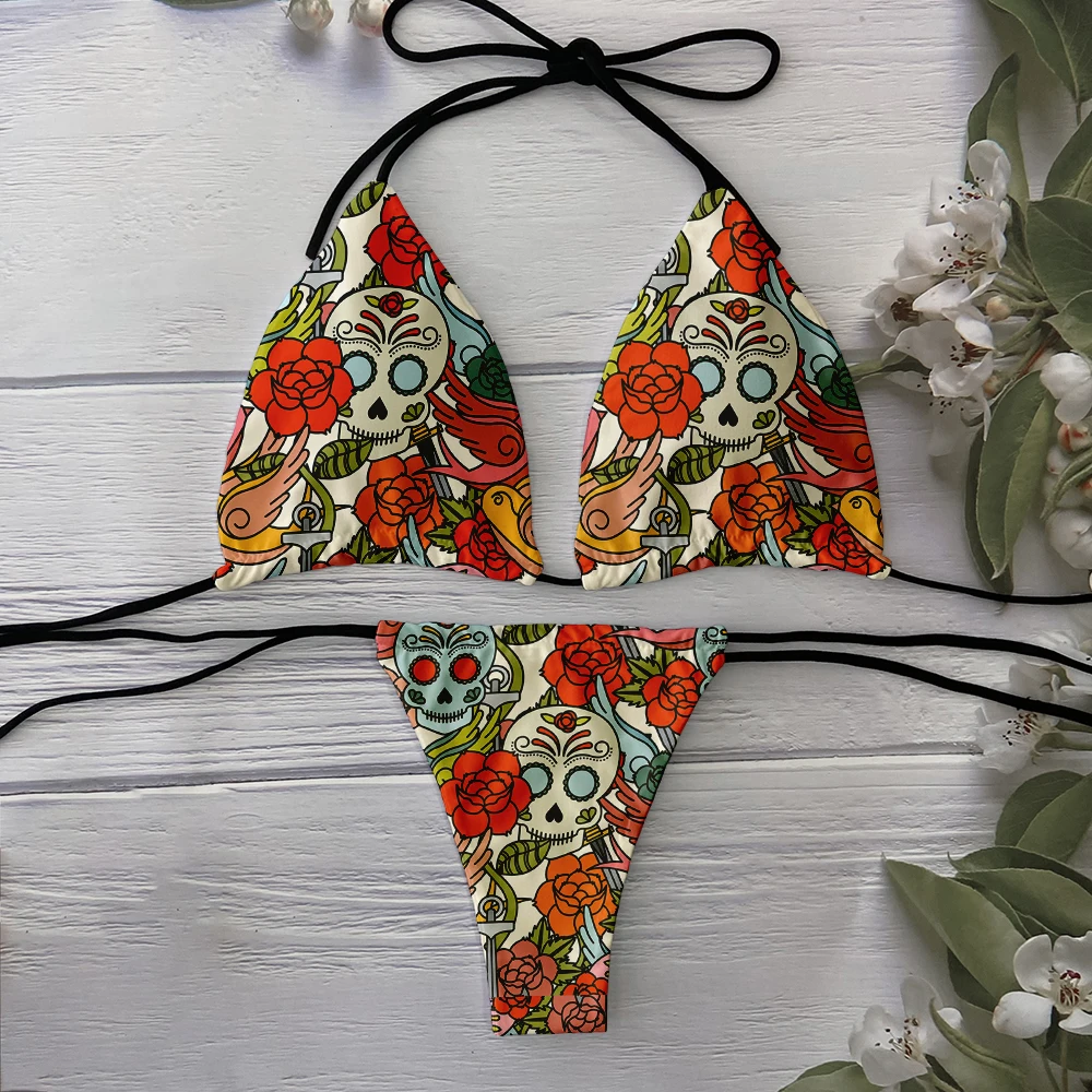 

Two-Piece Bikini Set with Chest Pad, 3D Printed Skull and Flower Pattern, Halloween Style, Sexy Swimsuit, Fashion