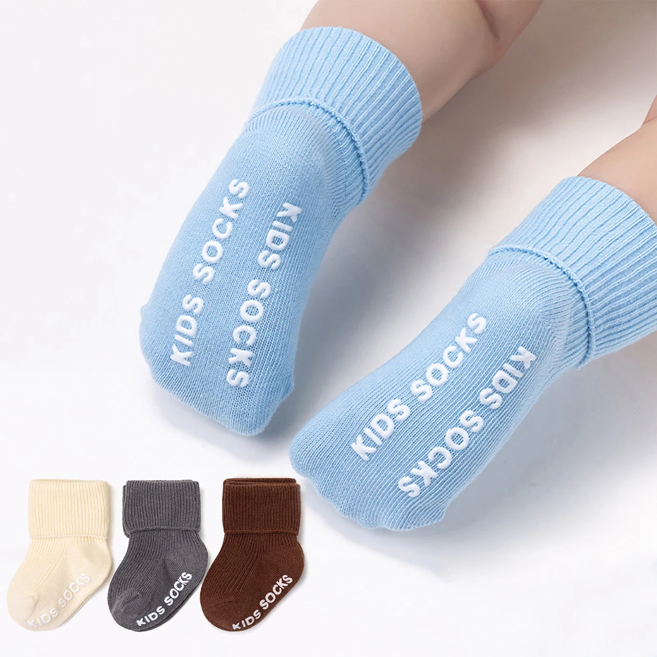 3Pairs Indoor Kids Floor Socks with Non-Slip Dots Solid Color Baby Mid-Calf Sock Sweat Absorbing Breathable Toddler Cotton Socks