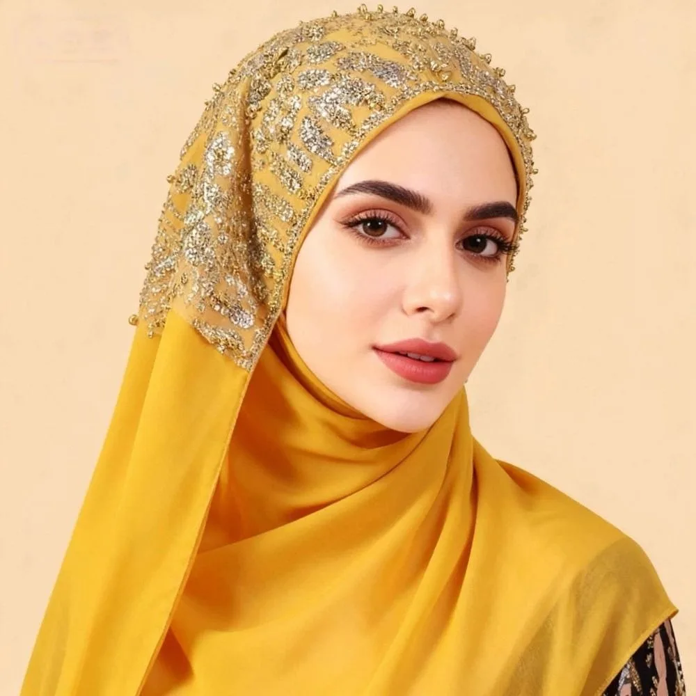 Luxury Beaded Lace Instant Hijab Rhinestone Collar Soft Chiffon Sequin Hijab Islamic Scarf For Women
