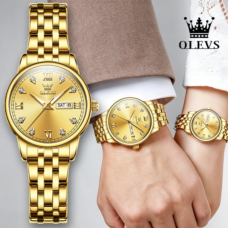OLEVS Premium Couple Watches Luxury Business Gold Stainless Steel Band High Quality Fashion Quartz Wristwatch Valentine's Gifts