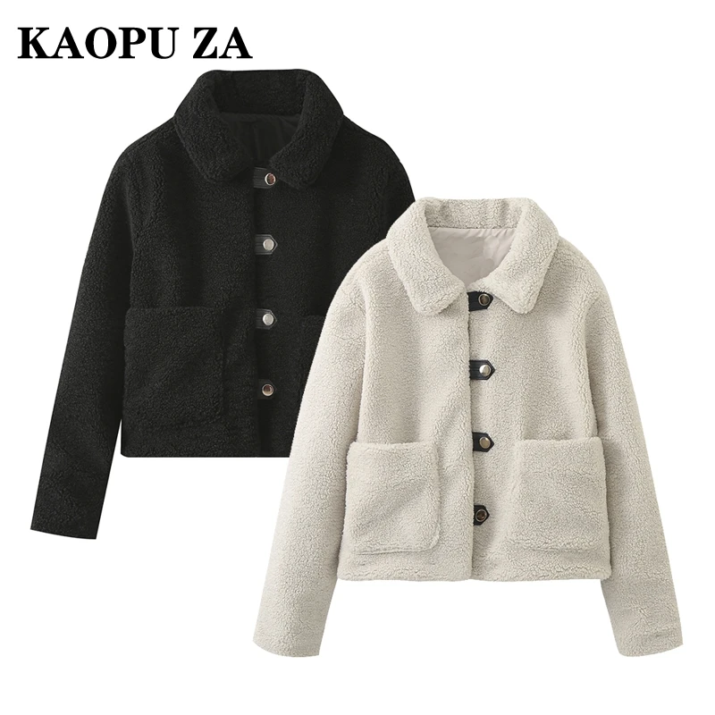 

KAOPU ZA 2024 Autumn Women's Casual Loose Collar Fleece Jacket ladies chic Long Sleeve Single Breasted Lambhair Coat Fashion Top