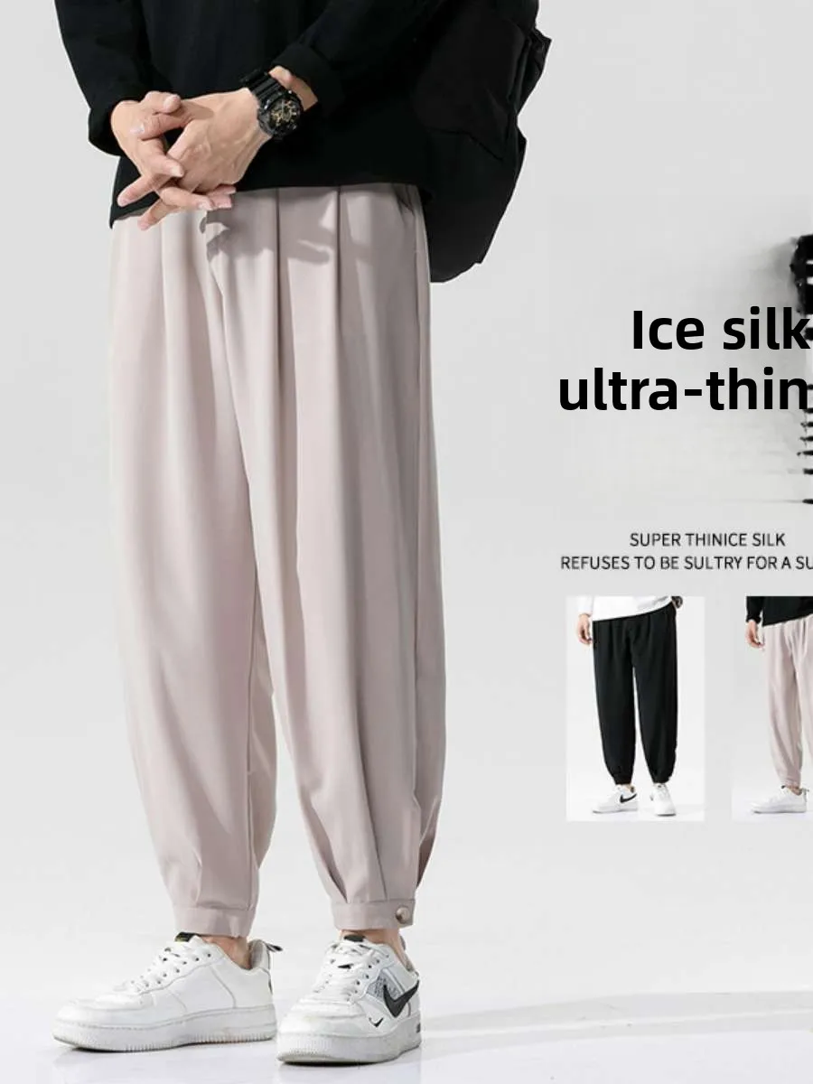 

Новые летние мужские повседневные брюки из ледяного шелка, свободные, больших размеров, спортивные, тонкие, укороченные, с зауженными штанинами, для отдыха