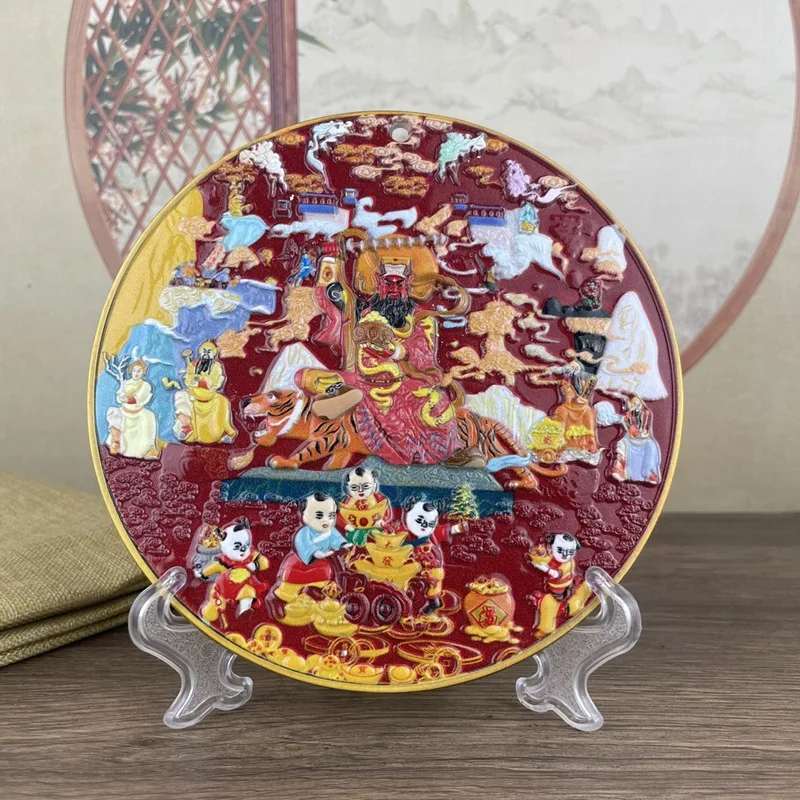 Painted Zhao Gongming Riding a Tiger Ornament for Home Decoration, Round Plate Decor for Living Room, Wine Cabinet, and Entryway