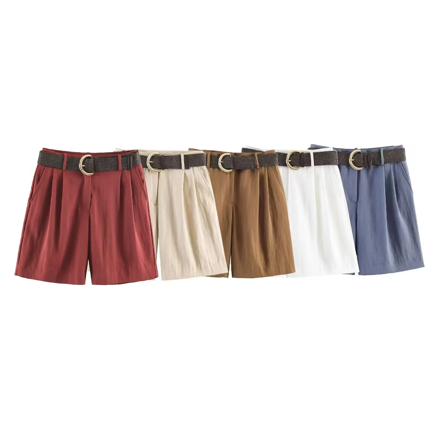 Women's Chic Pleats Straight Leg Casual Loose Shorts with Belt Spring Summer Zipper Pants Street Commuter Fashion for Ladies