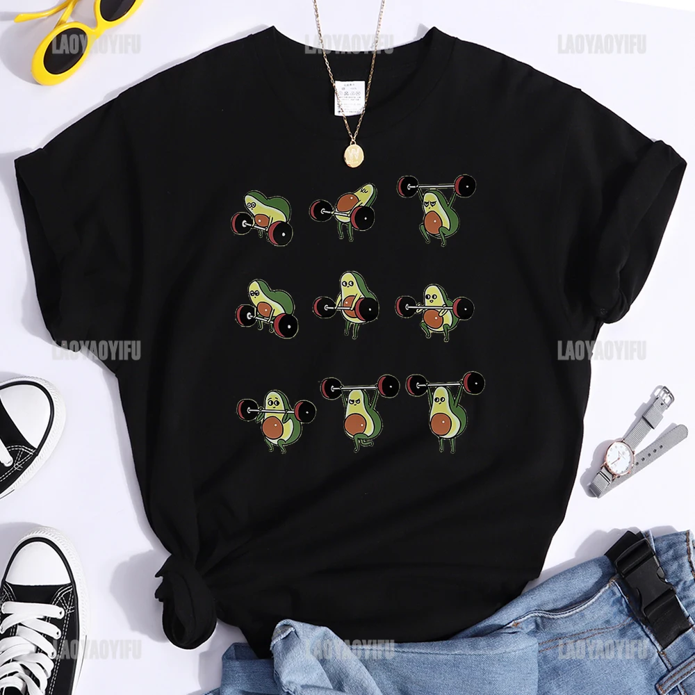 Kawaii Clothes Lovely Avocado Weightlifting Print Tops Vintage Humor GYM Graphic T Shirts Women T Shirt Clothing Cotton TShirt