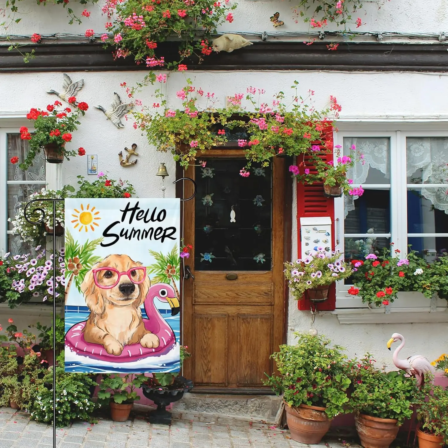 Hello Summer Garden Flag Pool Happy Swimming Dog 12x18 Inch Double Sided Polyester Flag Holiday Yard Outdoor House Farmhouse EEZ