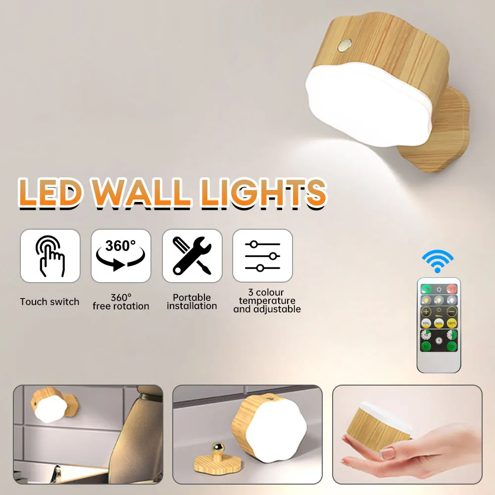 

LED Plum Wall Lamp Remote Touch Control 3 Color Dimming Wall Light Cordless USB Charging Rotatable Wall Light for Home Bedroom