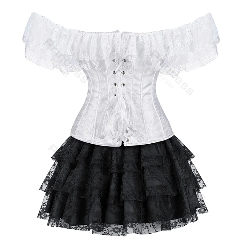 Vestido de corsé con tutú, conjunto de talla grande, Overbust con mangas de encaje, traje Sexy de fiesta, Burlesque, traje Vintage negro y rojo