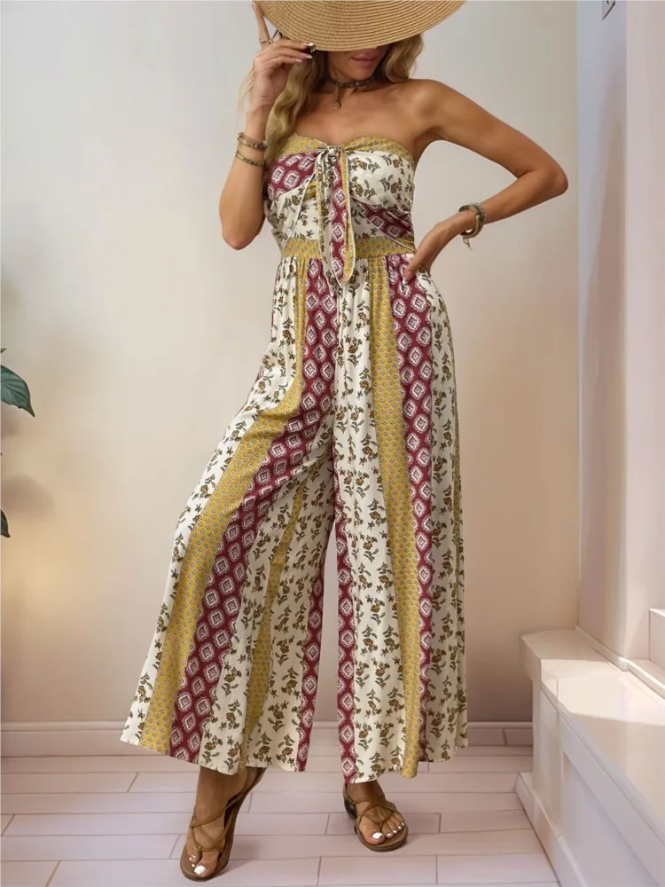 

Women's Summer New Print Casual Jumpsuit Fashion Sleeveless Strapless Color Blocked Jumpsuit 2025 Women's Beach Clothing